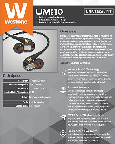 Westone UM Pro 10 Single-Driver Universal-Fit In-Ear Musicians’ Monitors with Removable MMCX Audio Cable