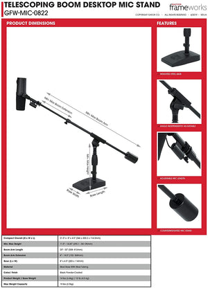 Gator Frameworks Short Weighted Base Microphone Stand with Telescopic Boom Arm and 2.5 Lbs Counter Weight (GFW-MIC-0822)
