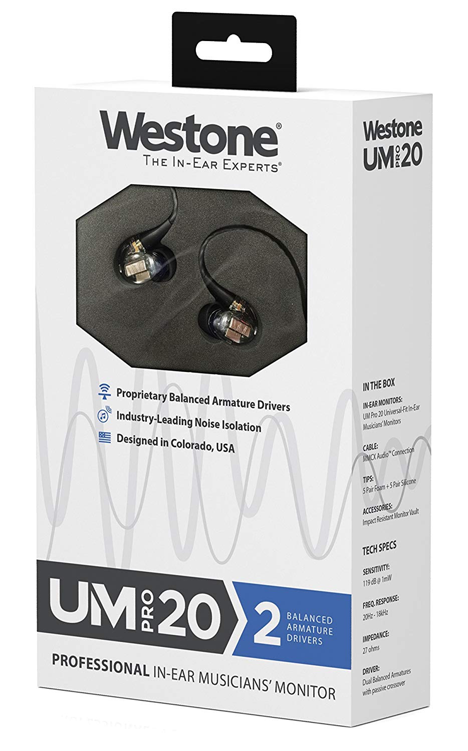 Westone UM Pro 20 Dual-Driver Universal-Fit In-Ear Musicians’ Monitors with Removable MMCX Audio Cable