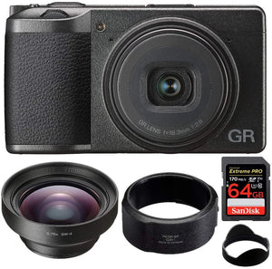 Ricoh GR III with GW-4 Wide Conversion Lens, GA-1 Lens Adapter, and 64GB SD Card